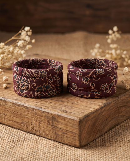 Handmade maroon floral print fabric bangles by KEVILAGU, set of 6