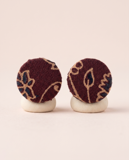 Handmade maroon, mustard & black floral block-print fabric button stud earrings by KEVILAGU