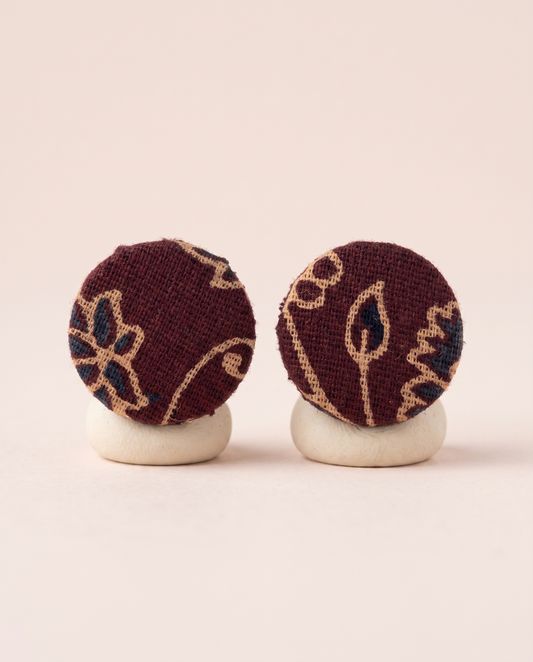 Handmade maroon, mustard & black floral block-print fabric button stud earrings by KEVILAGU