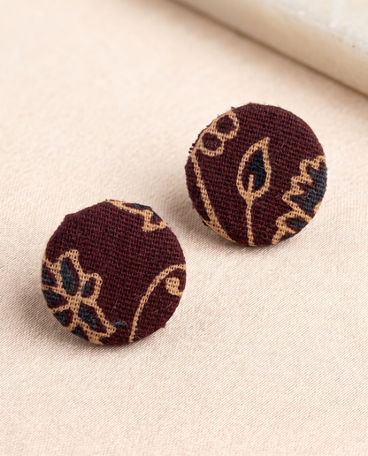 Handmade maroon, mustard & black floral block-print fabric button stud earrings by KEVILAGU
