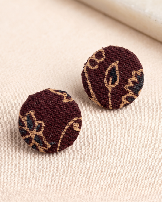 Handmade maroon, mustard & black floral block-print fabric button stud earrings by KEVILAGU