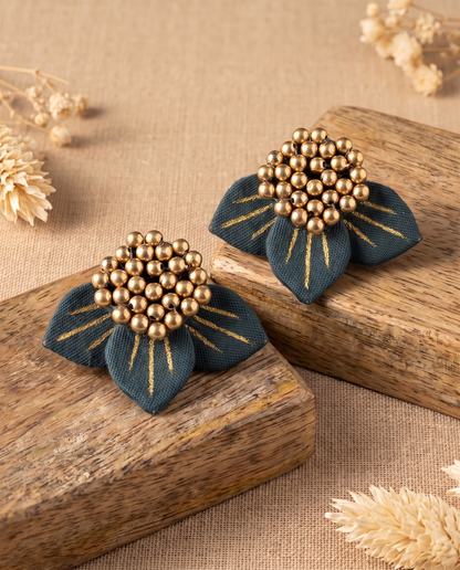 Handmade teal fabric floral stud earrings by KEVILAGU with gold bead detailing