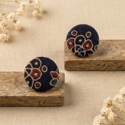 Handmade navy blue, mustard & red floral block-print fabric button stud earrings by KEVILAGU