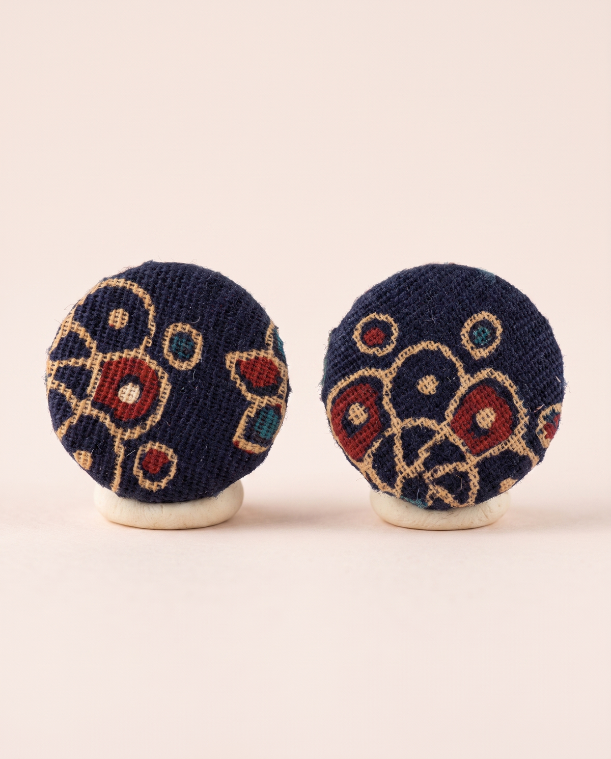 Handmade navy blue, mustard & red floral block-print fabric button stud earrings by KEVILAGU