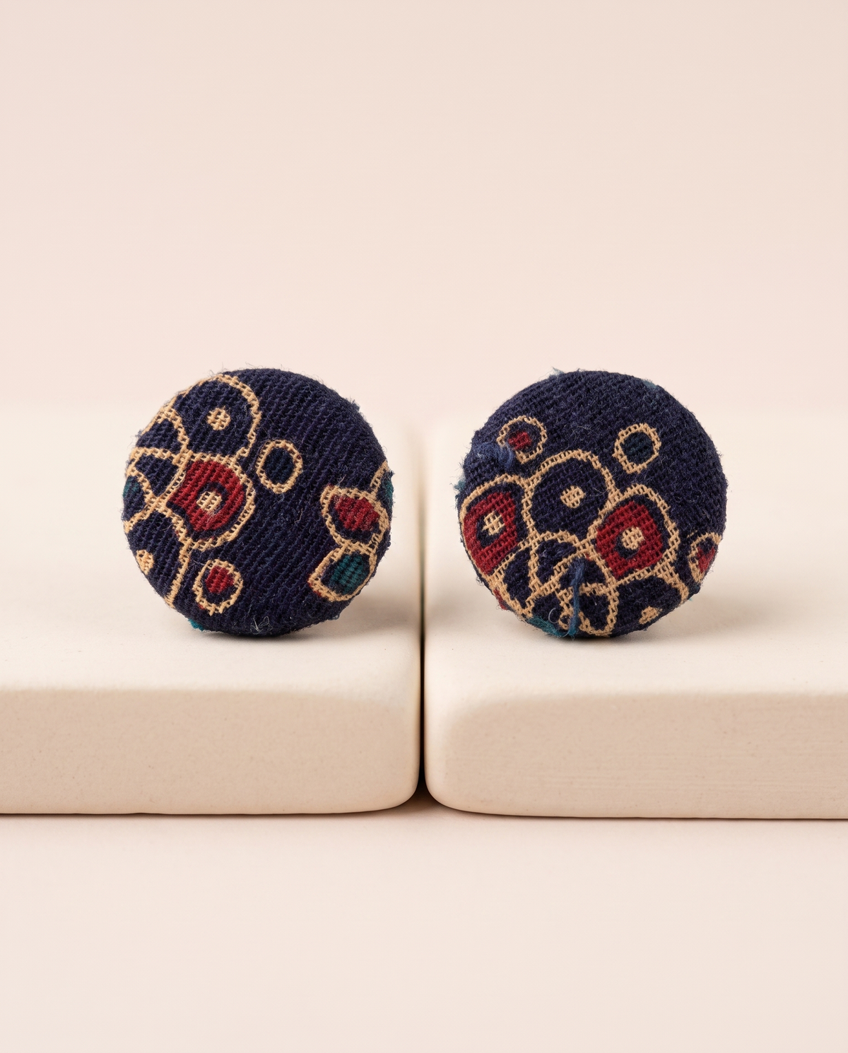 Handmade navy blue, mustard & red floral block-print fabric button stud earrings by KEVILAGU