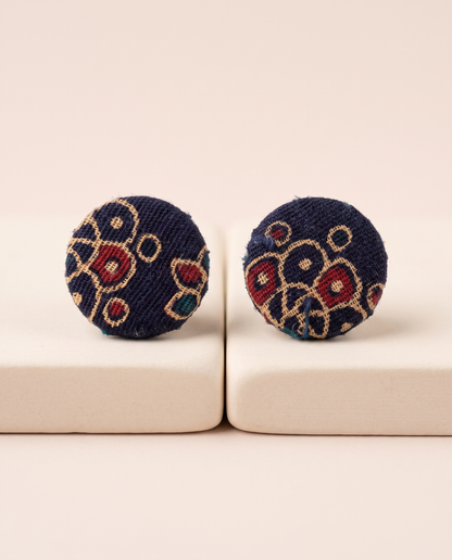 Handmade navy blue, mustard & red floral block-print fabric button stud earrings by KEVILAGU