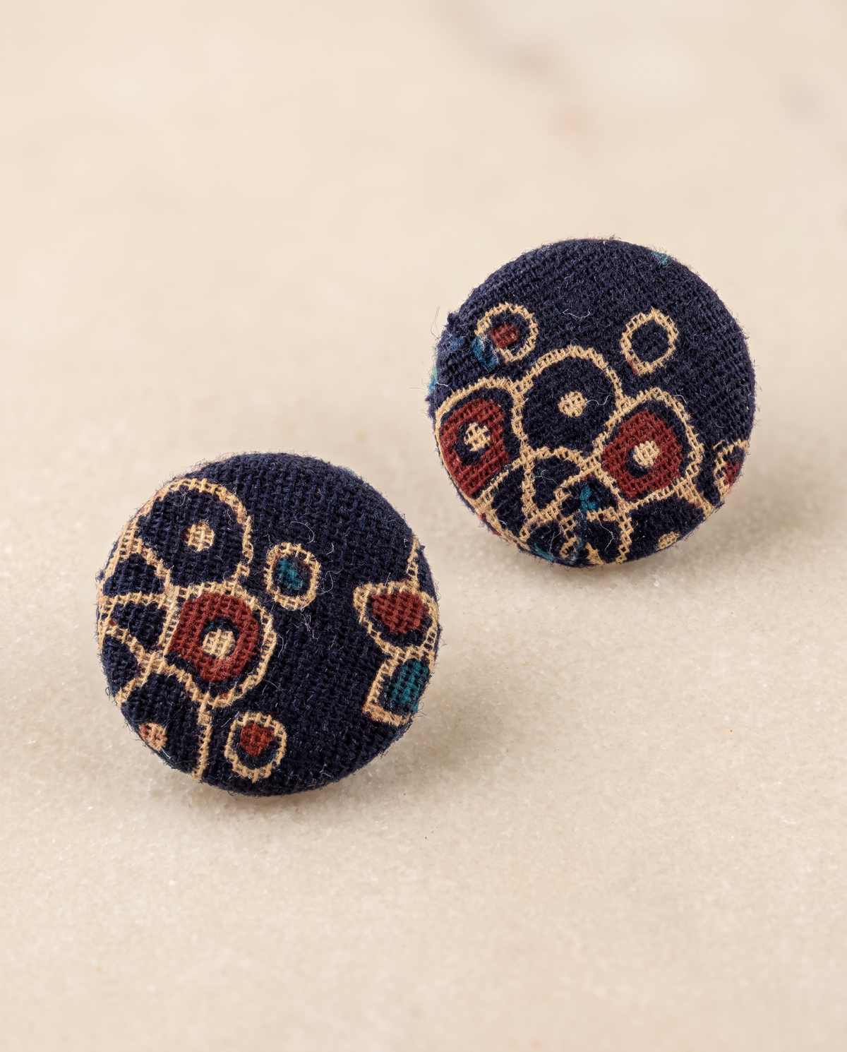 Handmade navy blue, mustard & red floral block-print fabric button stud earrings by KEVILAGU