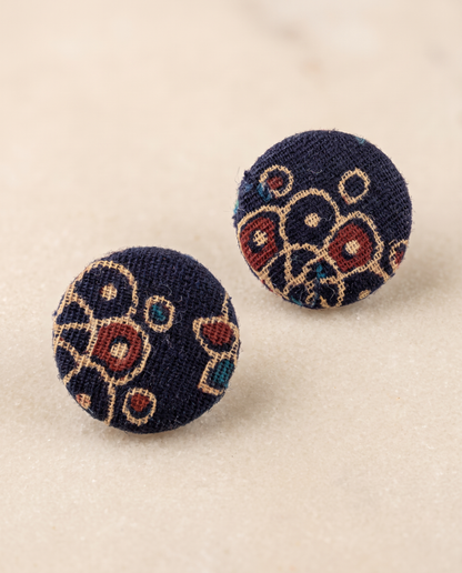Handmade navy blue, mustard & red floral block-print fabric button stud earrings by KEVILAGU