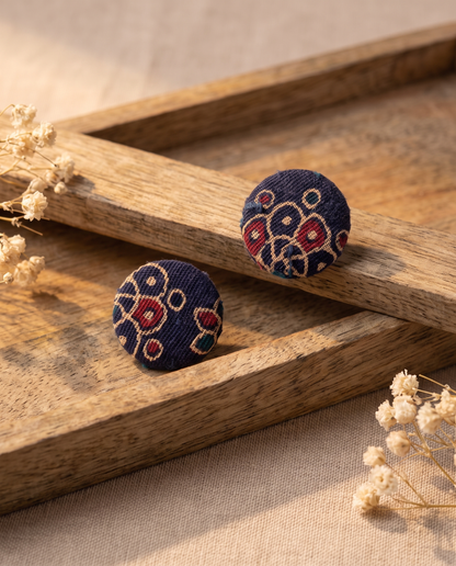 Handmade navy blue, mustard & red floral block-print fabric button stud earrings by KEVILAGU