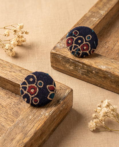 Handmade navy blue, mustard & red floral block-print fabric button stud earrings by KEVILAGU