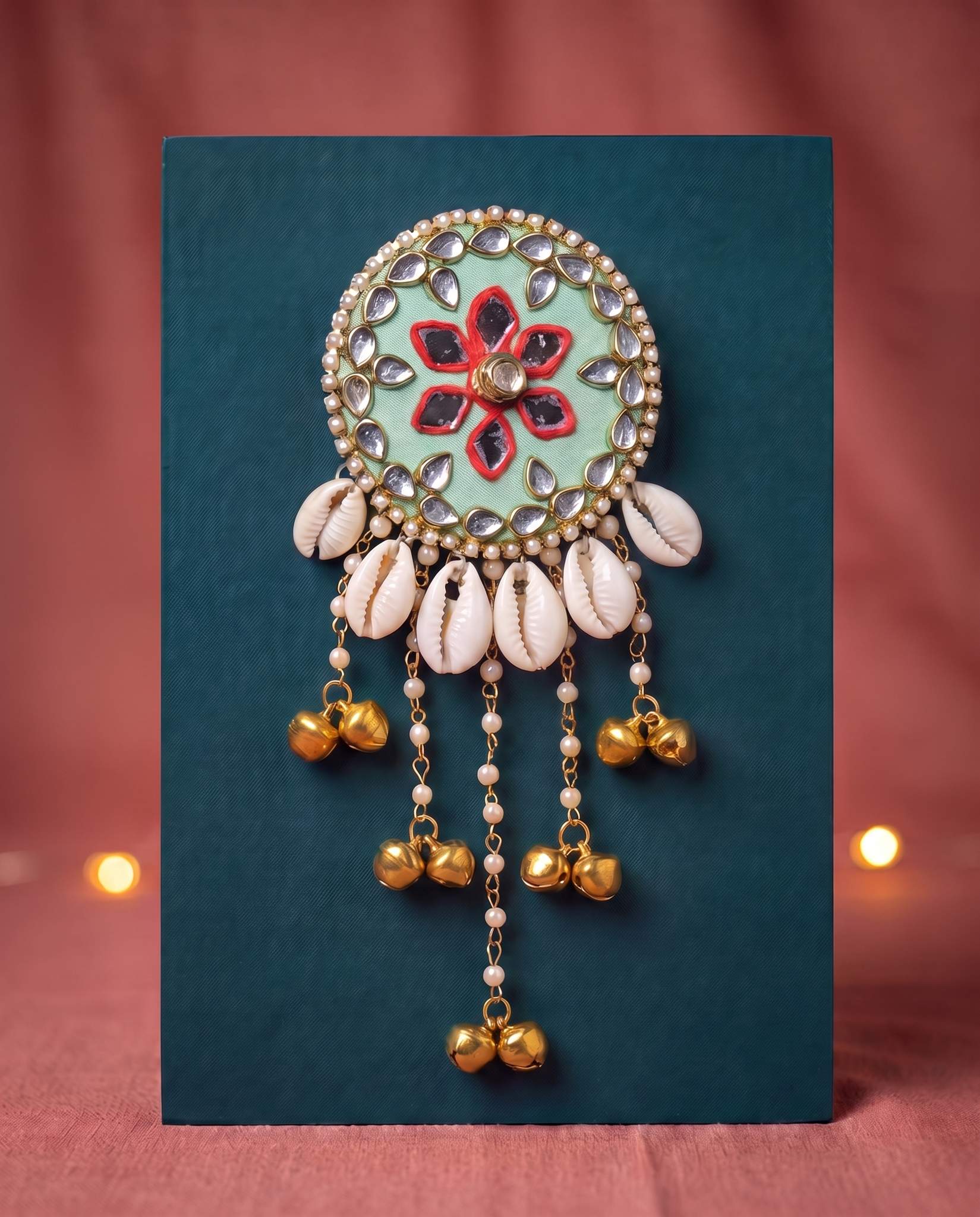 Mint green mirror hair brooch displayed against teal backdrop with warm candlelight