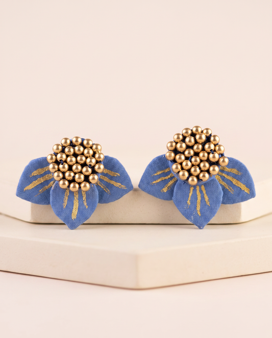 Handmade blue fabric floral stud earrings by KEVILAGU with gold stripe detailing and gold bead cluster