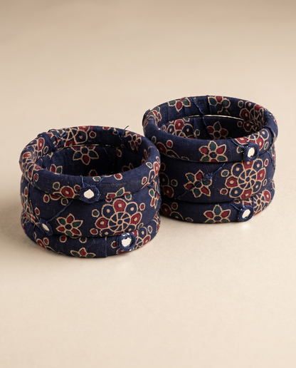 Handmade navy blue floral print fabric bangles by KEVILAGU, set of 6
