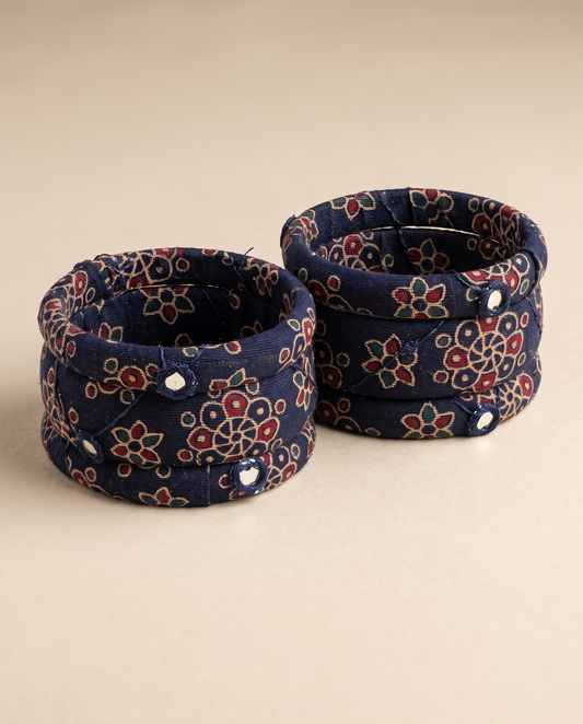 Handmade navy blue floral print fabric bangles by KEVILAGU, set of 6