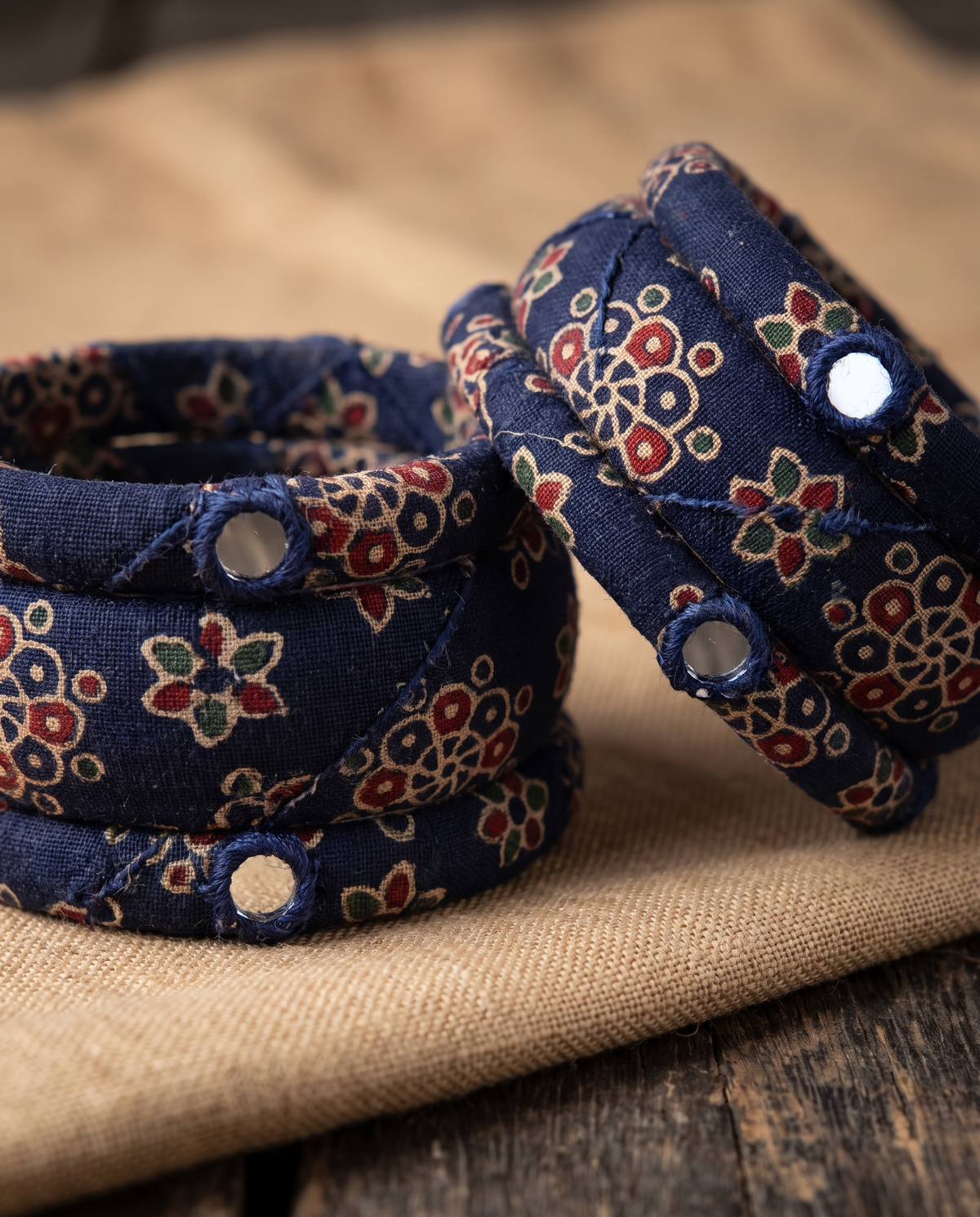 Handmade navy blue floral print fabric bangles by KEVILAGU, set of 6