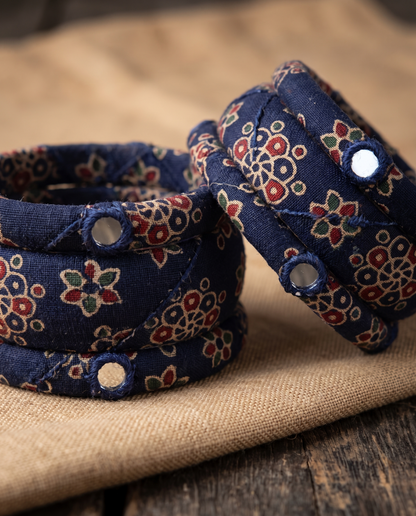 Handmade navy blue floral print fabric bangles by KEVILAGU, set of 6