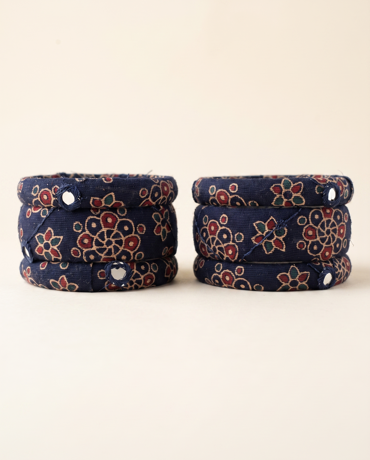 Handmade navy blue floral print fabric bangles by KEVILAGU, set of 6