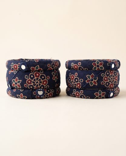 Handmade navy blue floral print fabric bangles by KEVILAGU, set of 6