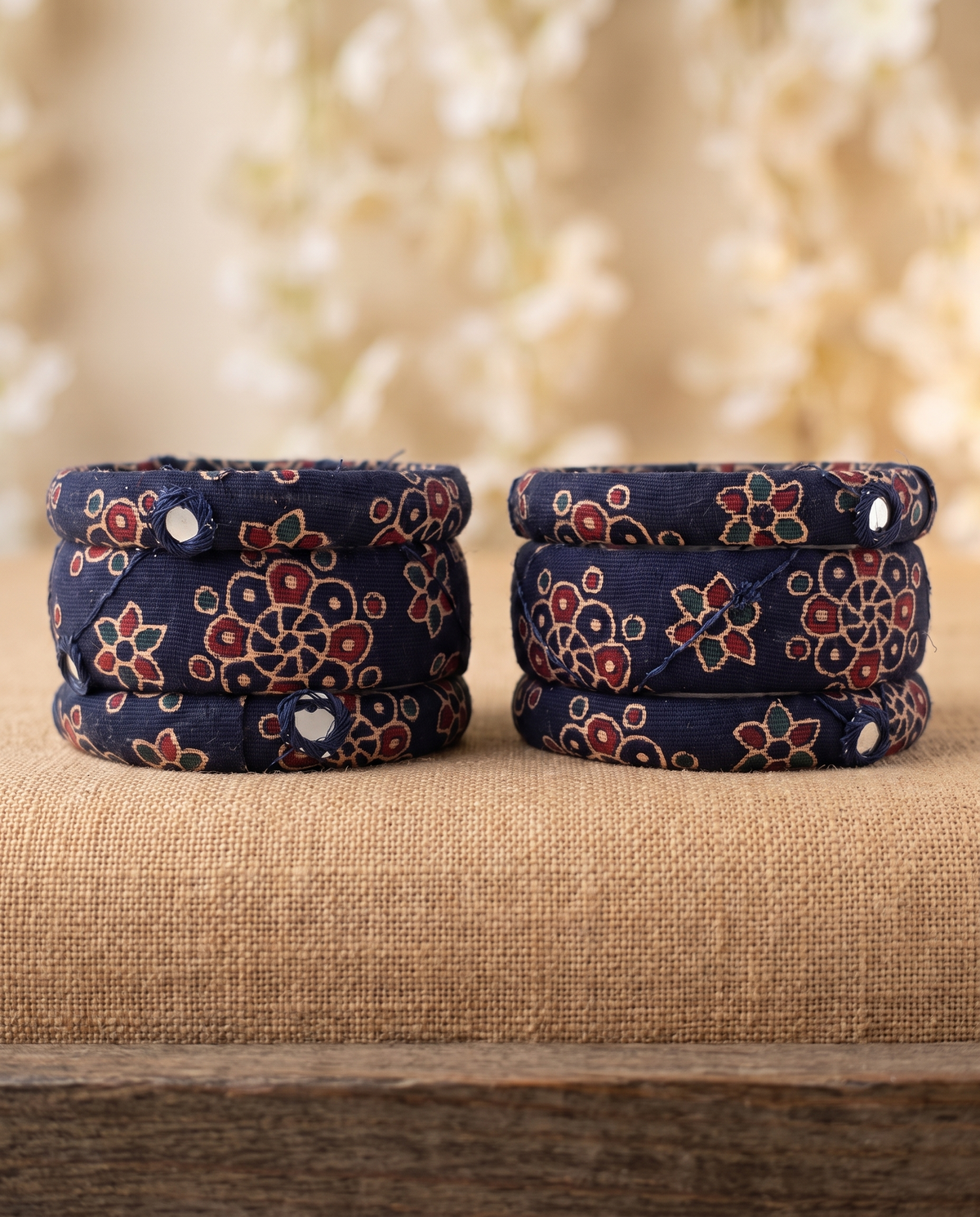 Handmade navy blue floral print fabric bangles by KEVILAGU, set of 6