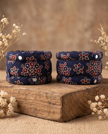Handmade navy blue floral print fabric bangles by KEVILAGU, set of 6