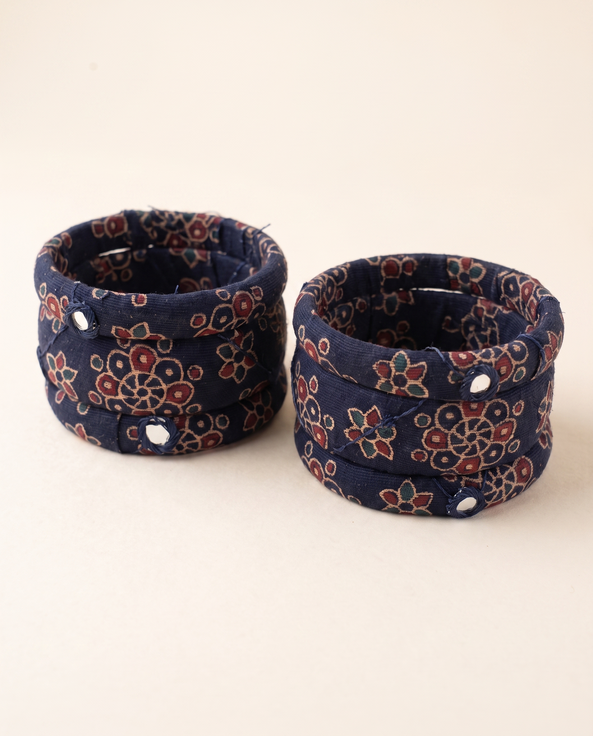 Handmade navy blue floral print fabric bangles by KEVILAGU, set of 6