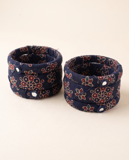 Handmade navy blue floral print fabric bangles by KEVILAGU, set of 6