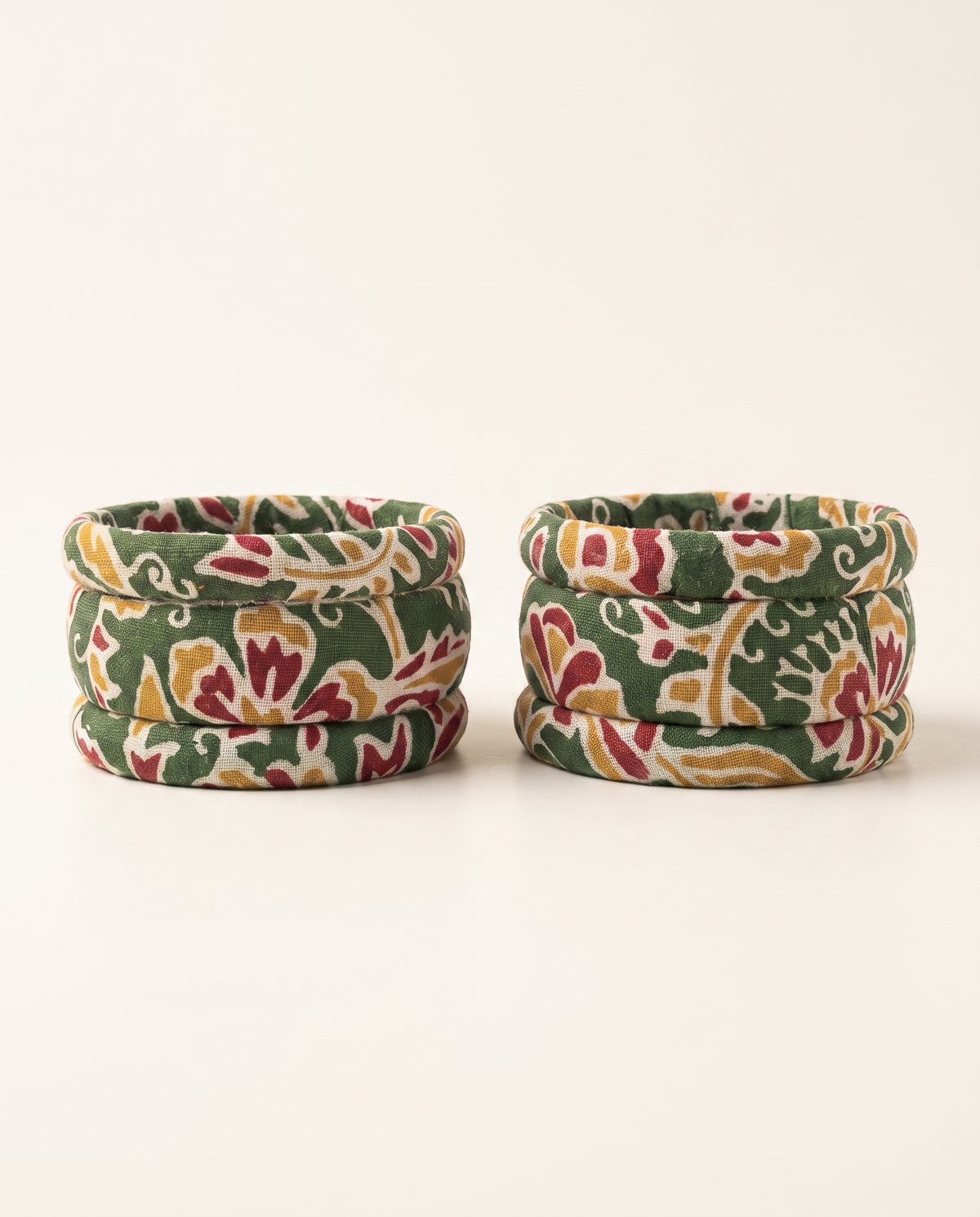 Handmade green floral print fabric bangles by KEVILAGU, set of 6