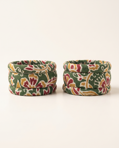 Handmade green floral print fabric bangles by KEVILAGU, set of 6