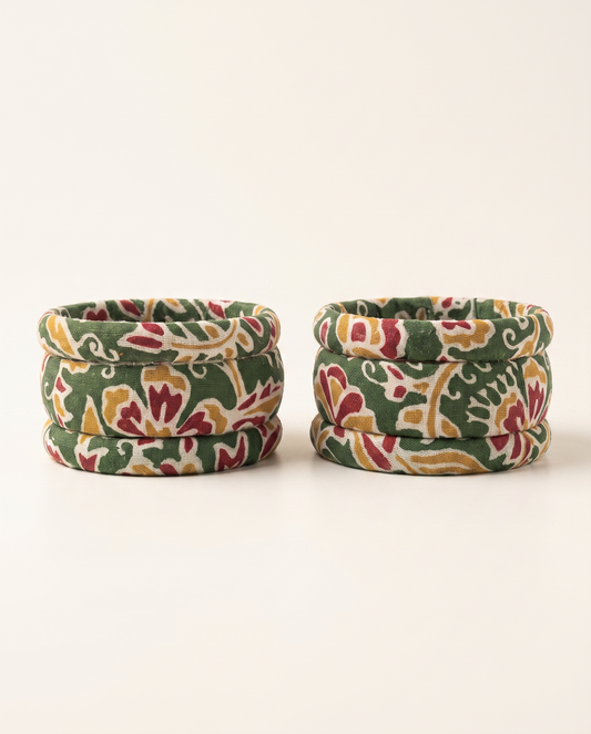 Handmade green floral print fabric bangles by KEVILAGU, set of 6