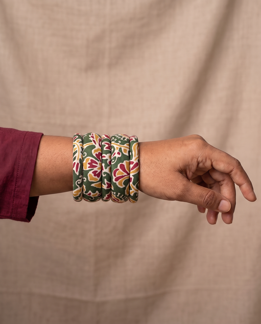 Handmade green floral print fabric bangles by KEVILAGU, set of 6