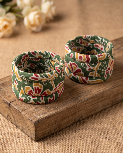 Handmade green floral print fabric bangles by KEVILAGU, set of 6
