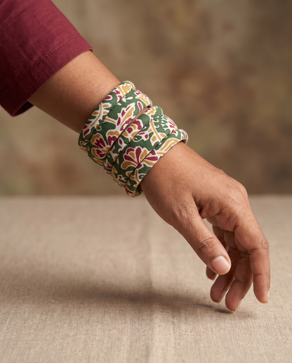 Handmade green floral print fabric bangles by KEVILAGU, set of 6