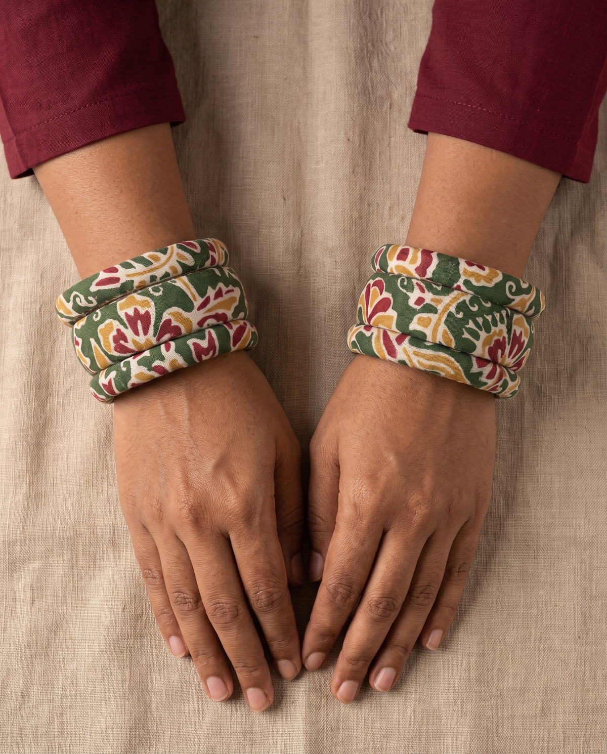 Handmade green floral print fabric bangles by KEVILAGU, set of 6