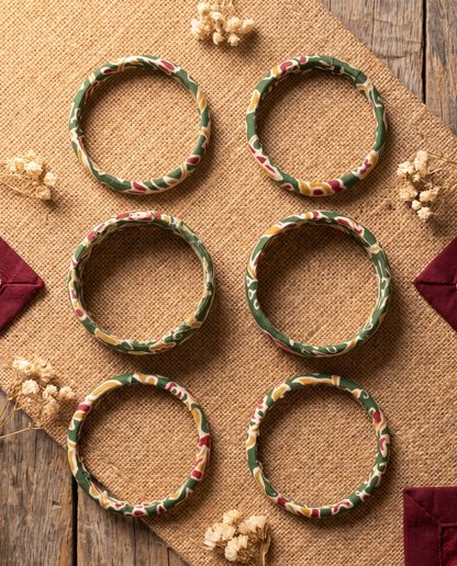 Handmade green floral print fabric bangles by KEVILAGU, set of 6