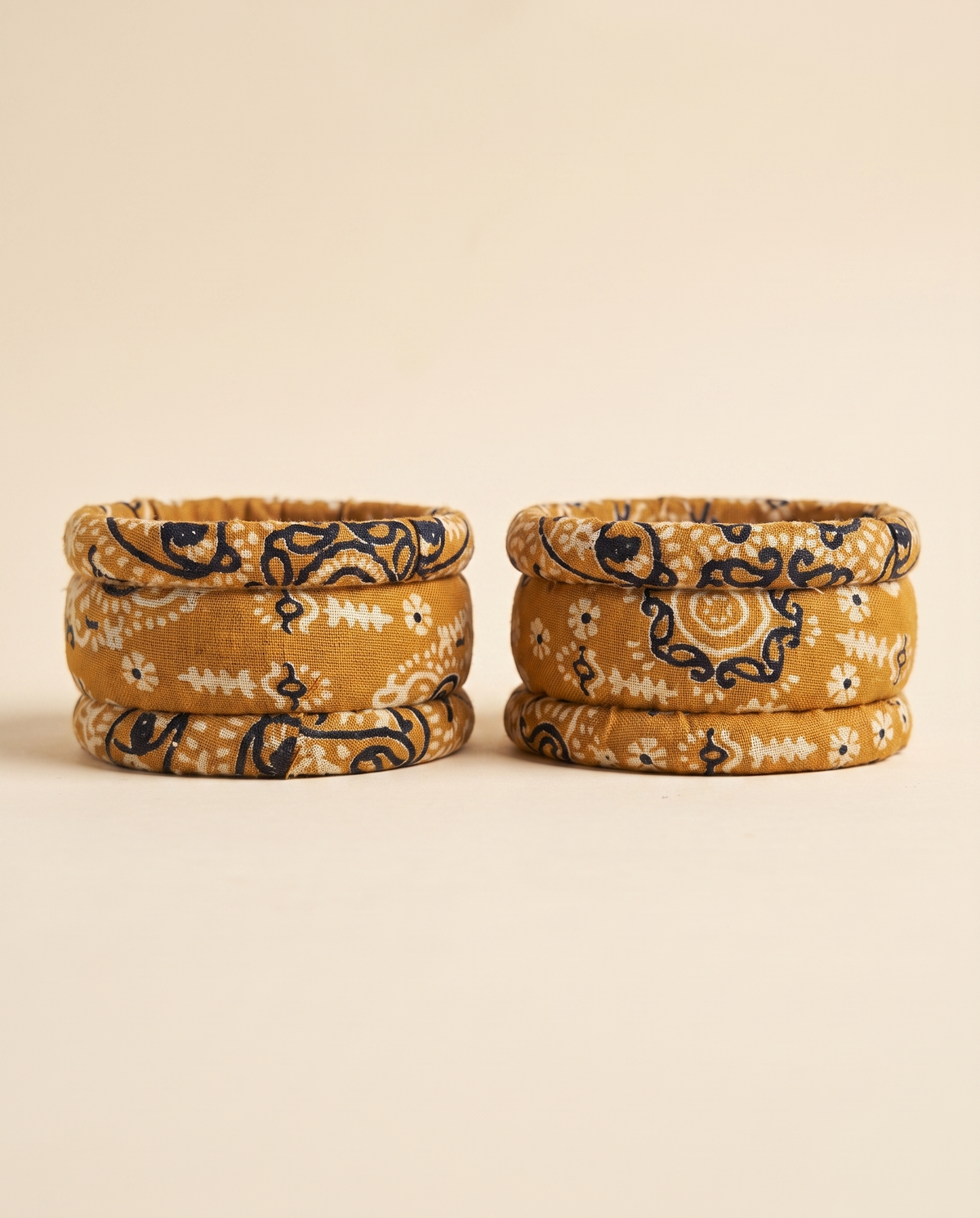 Handmade mustard yellow floral print fabric bangles by KEVILAGU, set of 6