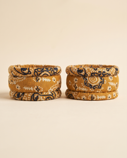 Handmade mustard yellow floral print fabric bangles by KEVILAGU, set of 6