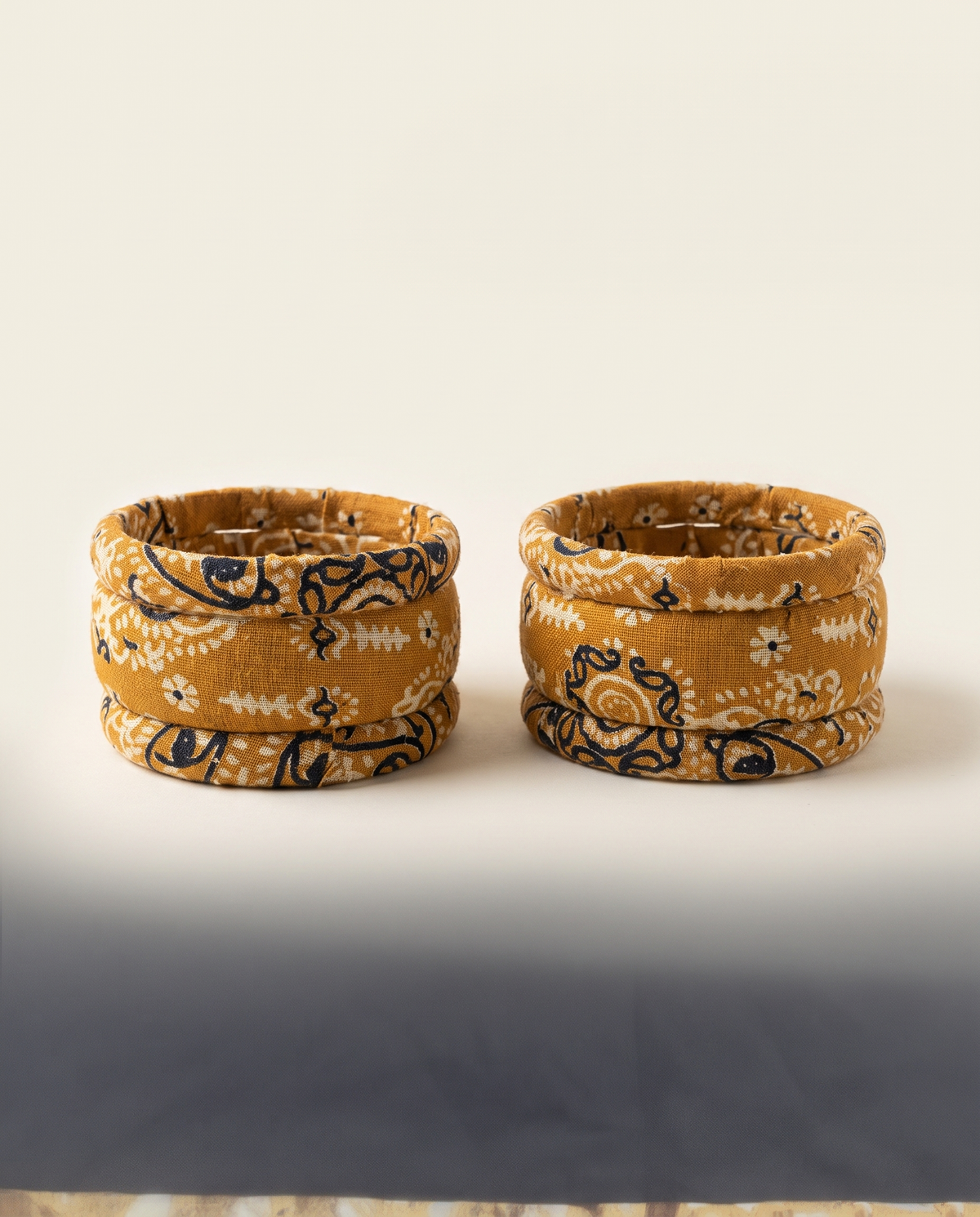 Handmade mustard yellow floral print fabric bangles by KEVILAGU, set of 6