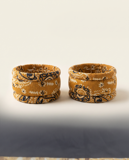 Handmade mustard yellow floral print fabric bangles by KEVILAGU, set of 6