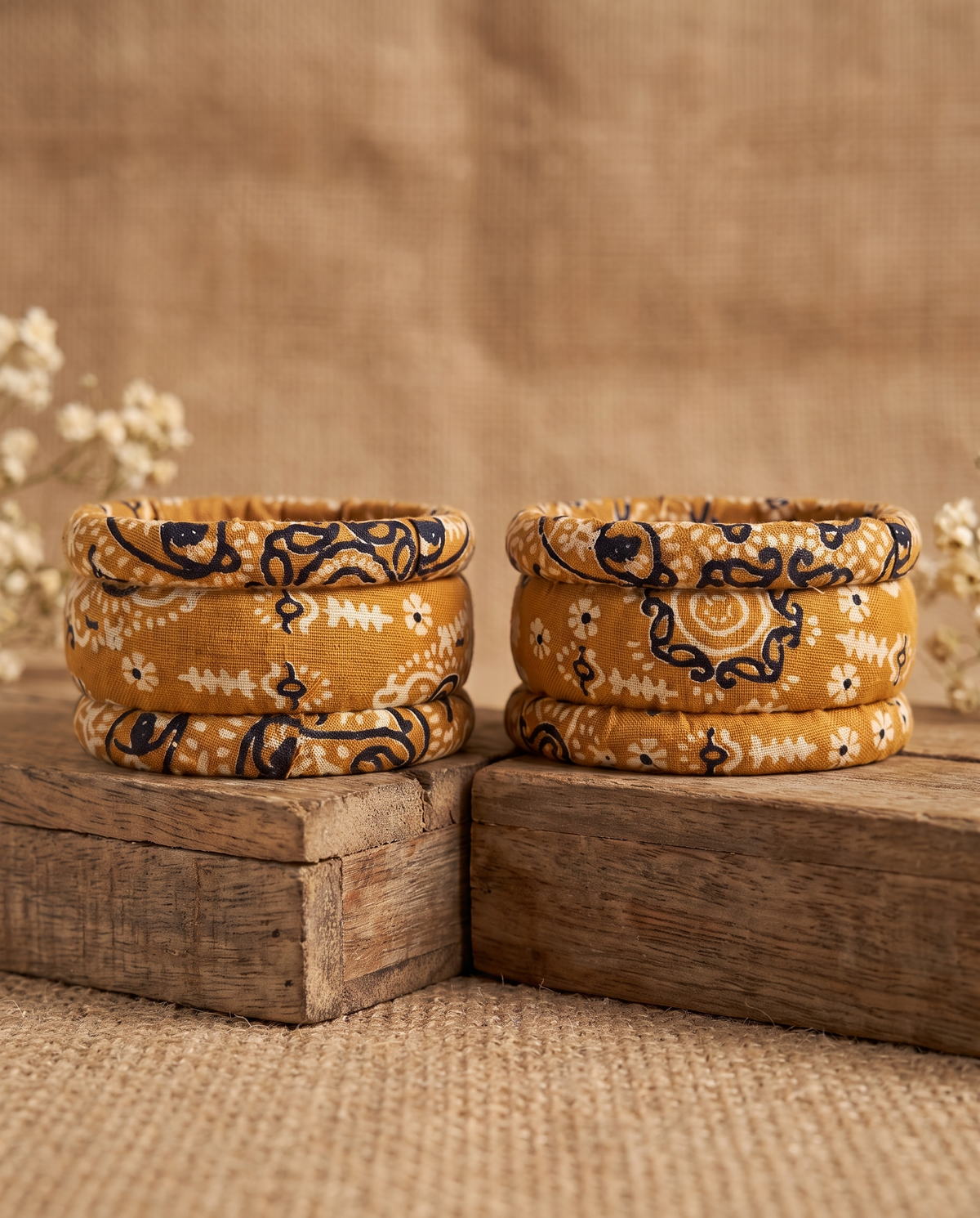 Handmade mustard yellow floral print fabric bangles by KEVILAGU, set of 6
