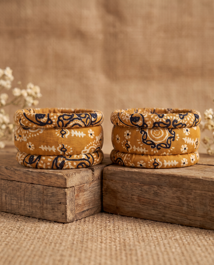 Handmade mustard yellow floral print fabric bangles by KEVILAGU, set of 6