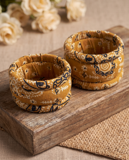 Handmade mustard yellow floral print fabric bangles by KEVILAGU, set of 6