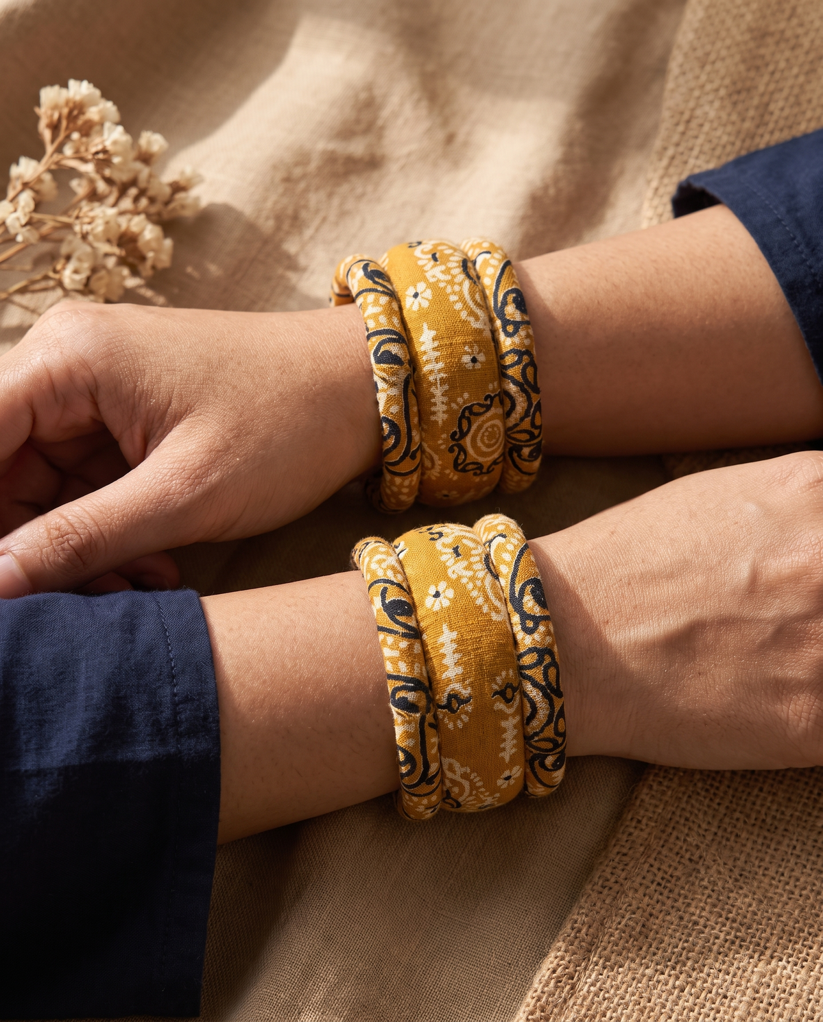 Handmade mustard yellow floral print fabric bangles by KEVILAGU, set of 6