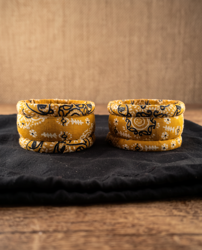 Handmade mustard yellow floral print fabric bangles by KEVILAGU, set of 6