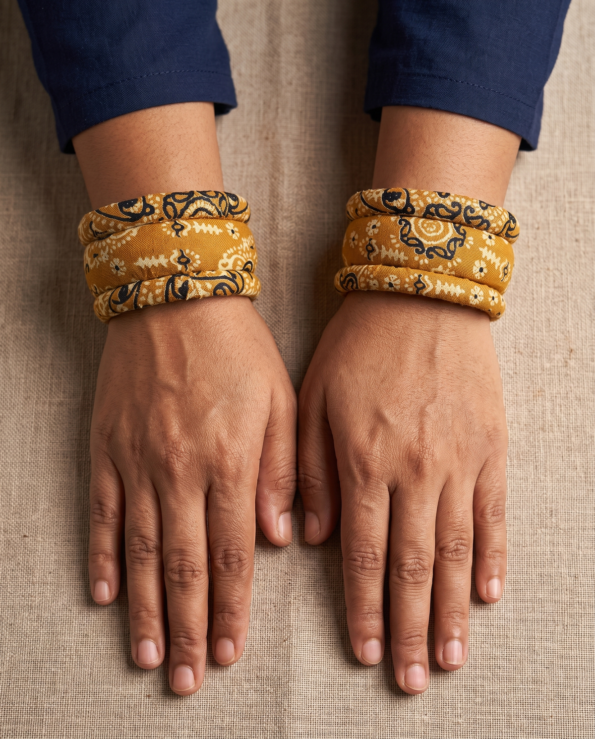 Handmade mustard yellow floral print fabric bangles by KEVILAGU, set of 6