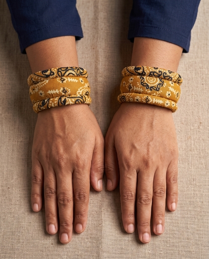 Handmade mustard yellow floral print fabric bangles by KEVILAGU, set of 6