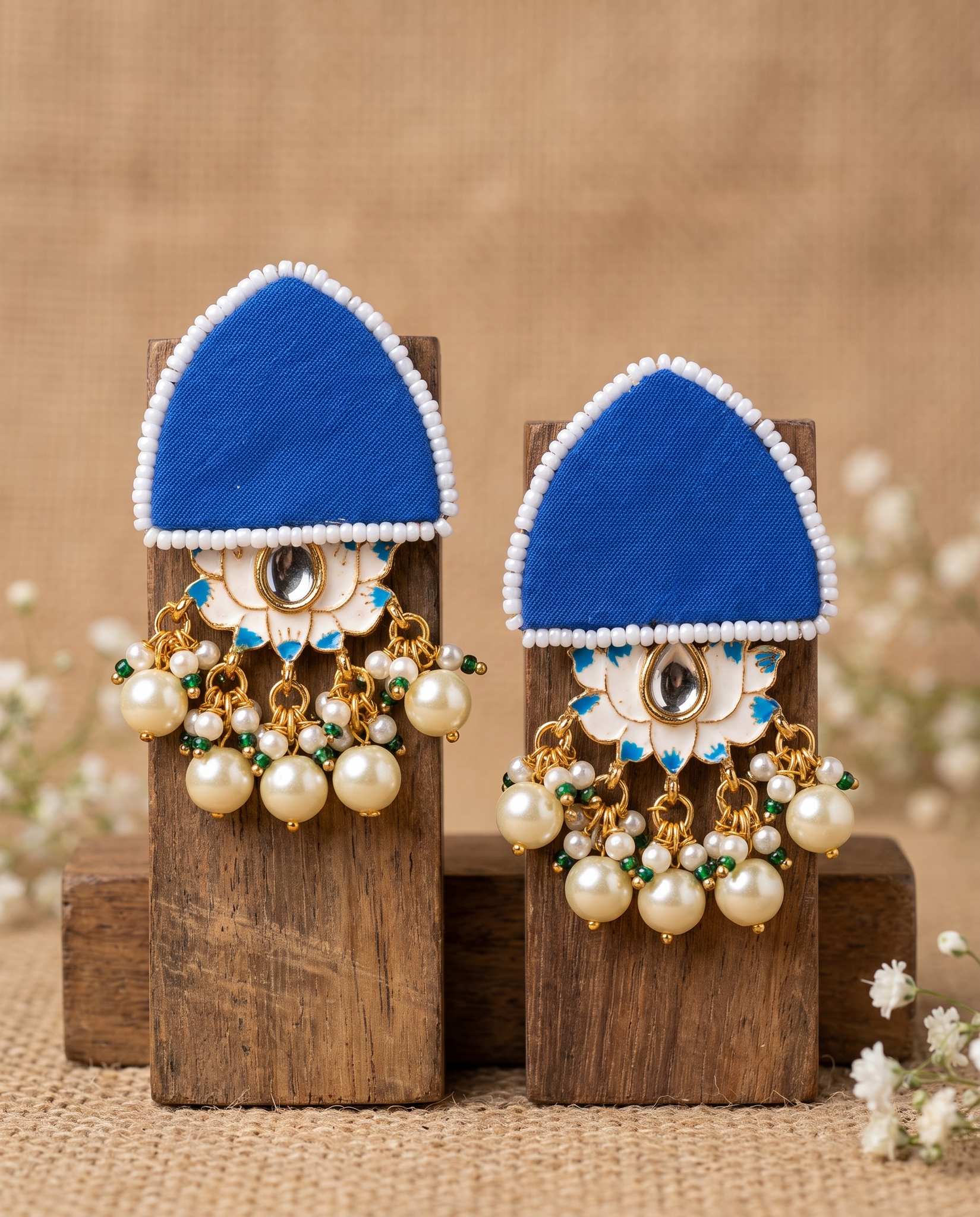 Royal blue pearl floral earrings styled on jute mat with orange fabric