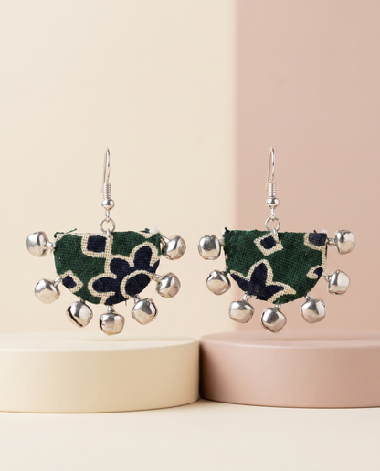 Handmade green, navy & beige block-print fabric ghungroo dangle earrings by KEVILAGU with silver bell fringe