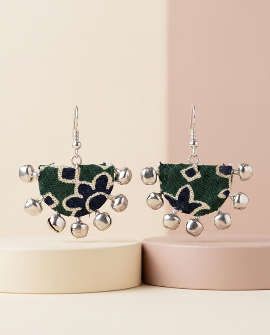 Handmade green, navy & beige block-print fabric ghungroo dangle earrings by KEVILAGU with silver bell fringe