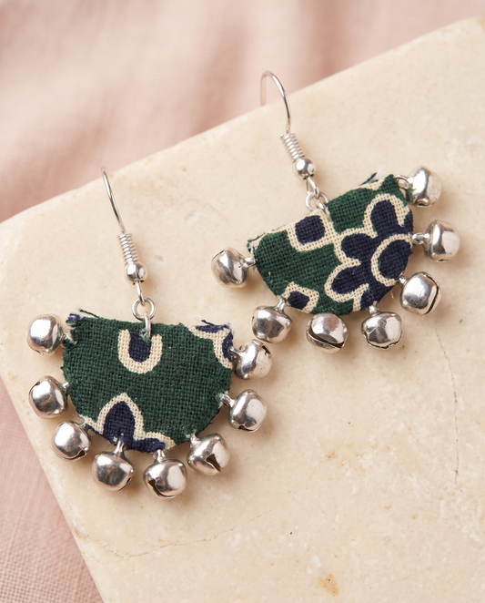 Handmade green, navy & beige block-print fabric ghungroo dangle earrings by KEVILAGU with silver bell fringe