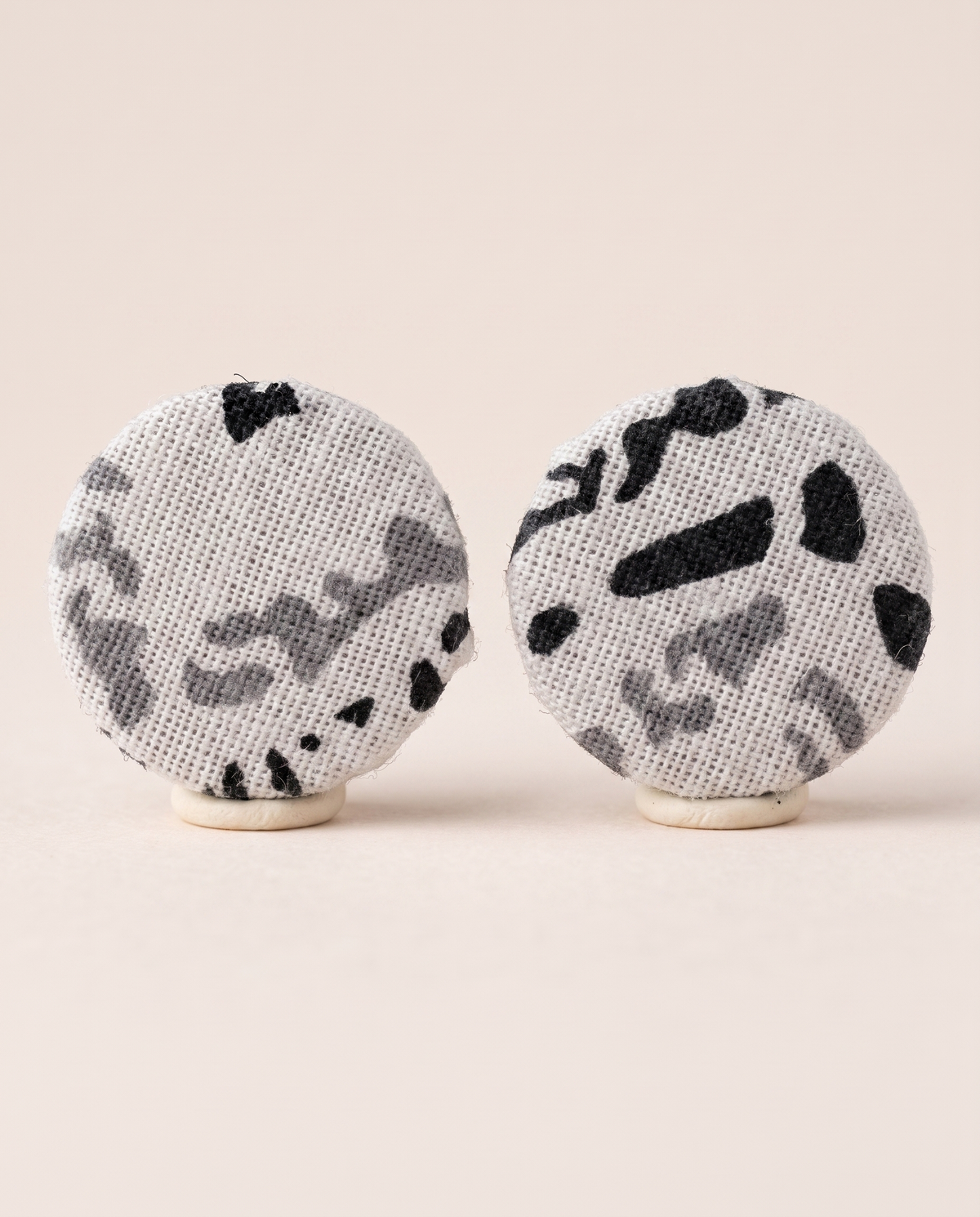 Handmade white, grey & black abstract print fabric button stud earrings by KEVILAGU